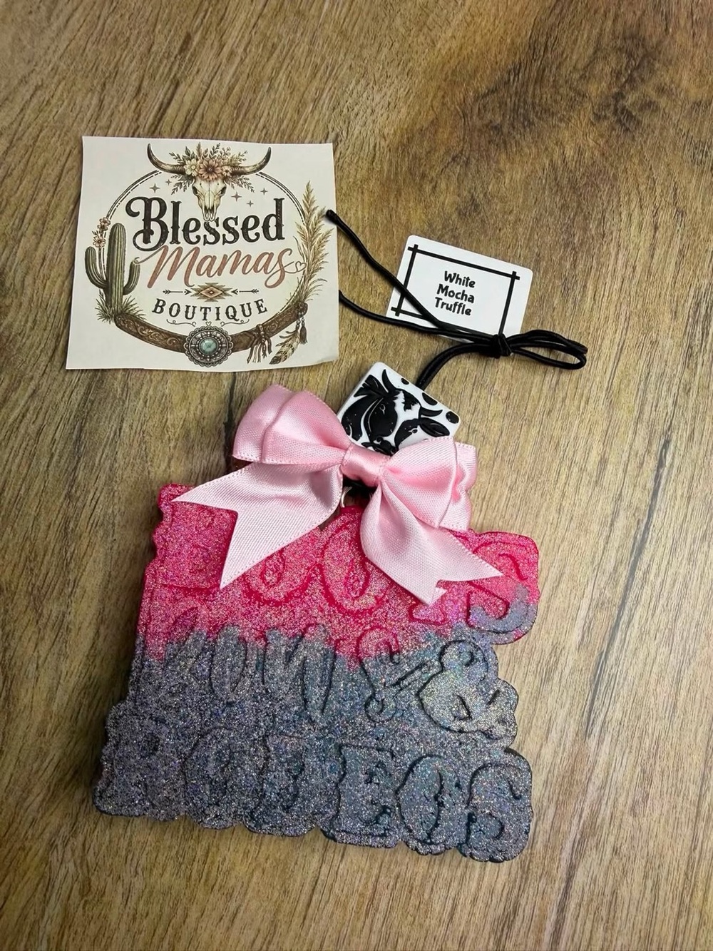 Blessed Mamas Pink Ombre Glitter Boots Bows and Rodeos Car Freshie